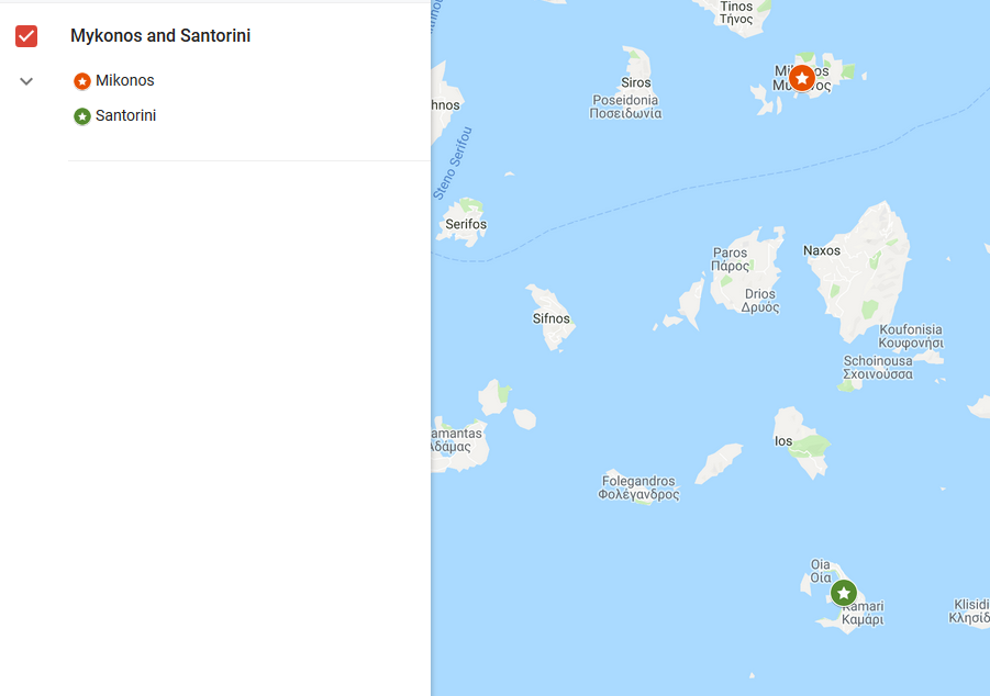 A map with the locations of Mykonos and Santorini.