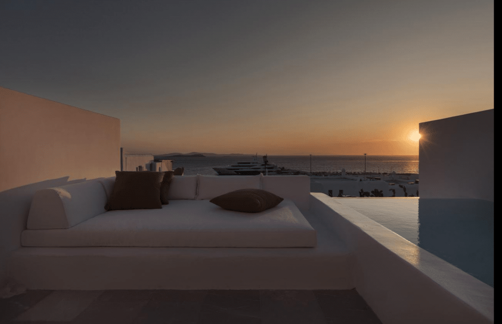 At Porto Mykonos you can get a room with a private pool or jacuzzi at the balcony, and enjoy the amazing view of the Aegean sea and the sunset